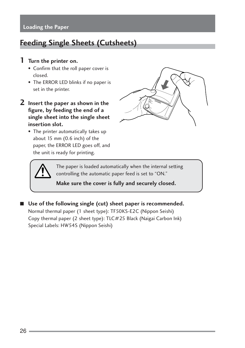 Feeding single sheets (cutsheets), Wer off function, Ting the printer | Citizen Systems PD-22 User Manual | Page 26 / 40