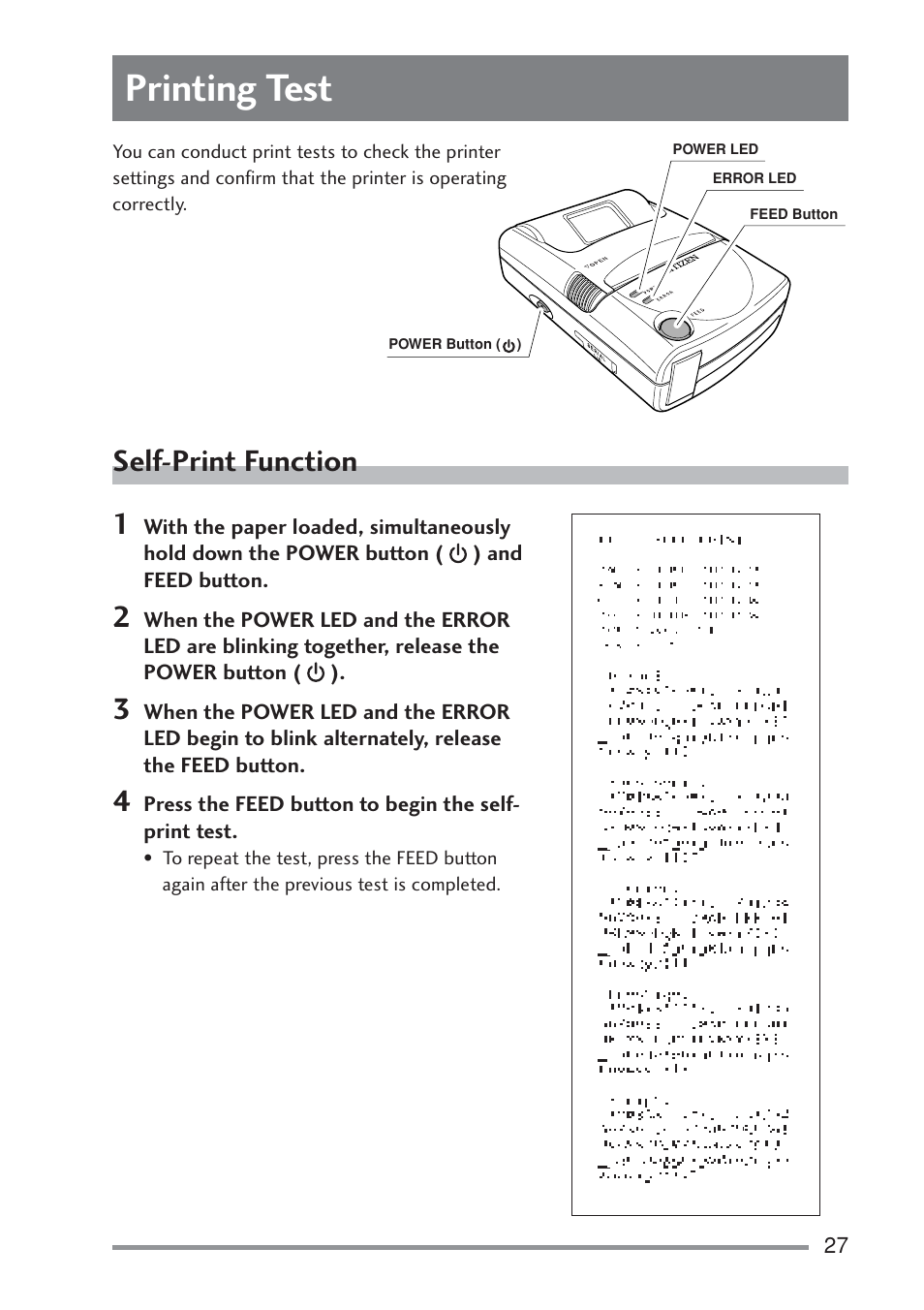 Printing test, Self-print function, Tion methods | Citizen Systems PD-22 User Manual | Page 27 / 40