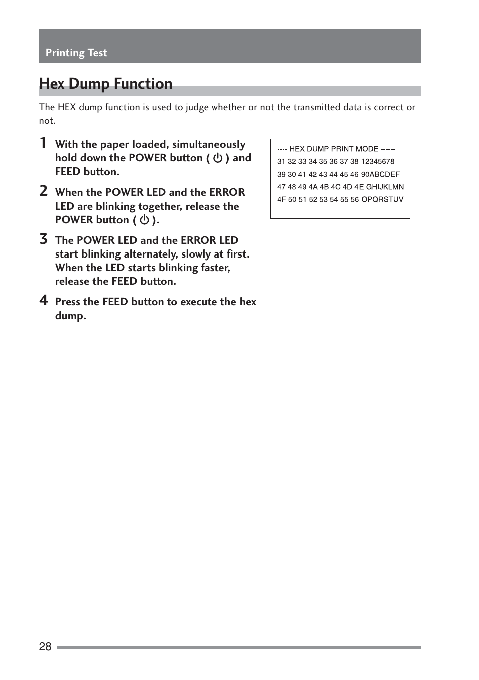 Hex dump function, Connecting with the serial port (cable), Hex dump function 1 | Citizen Systems PD-22 User Manual | Page 28 / 40