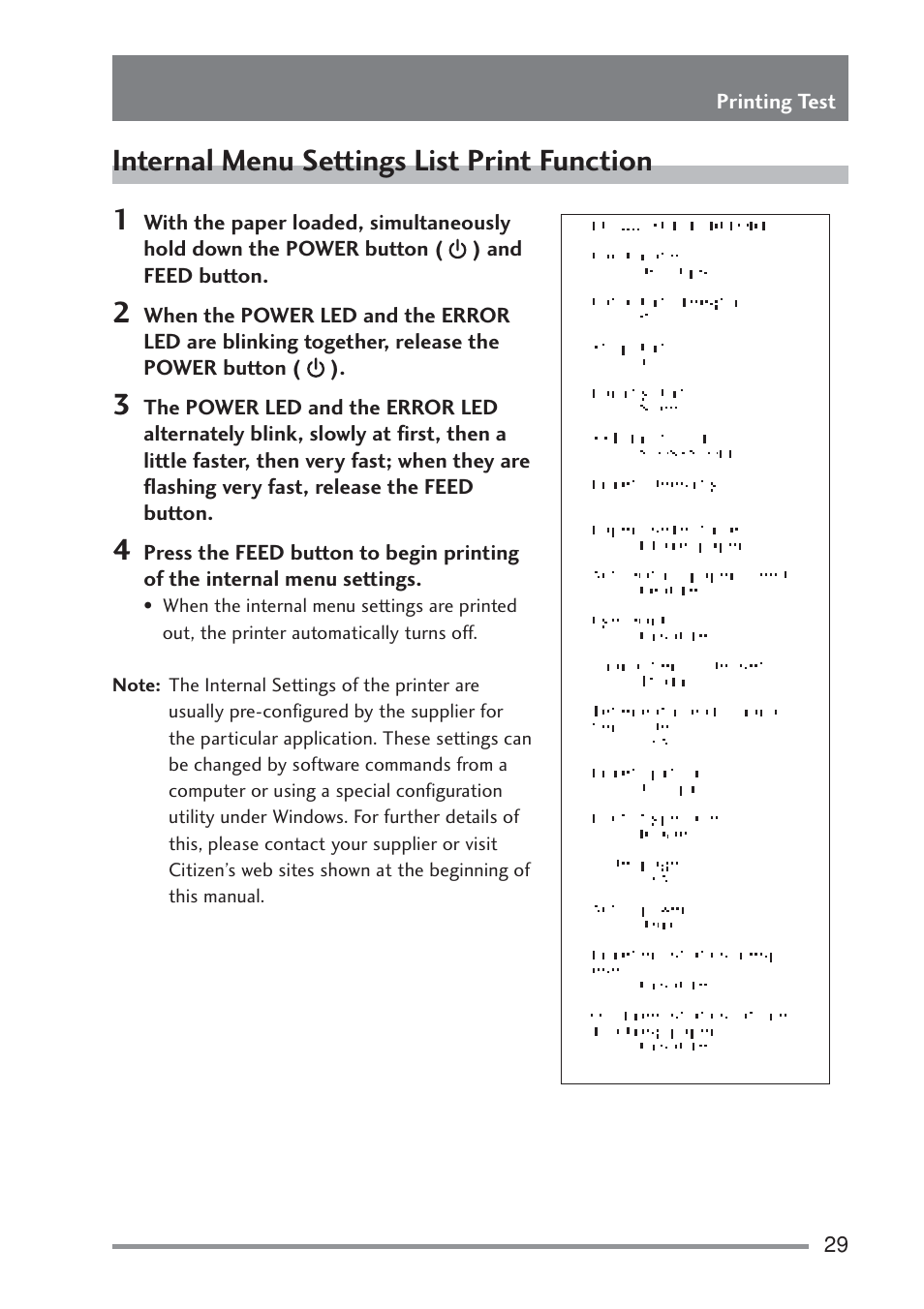 Internal menu settings list print function, Internal menu settings list print function 1 | Citizen Systems PD-22 User Manual | Page 29 / 40