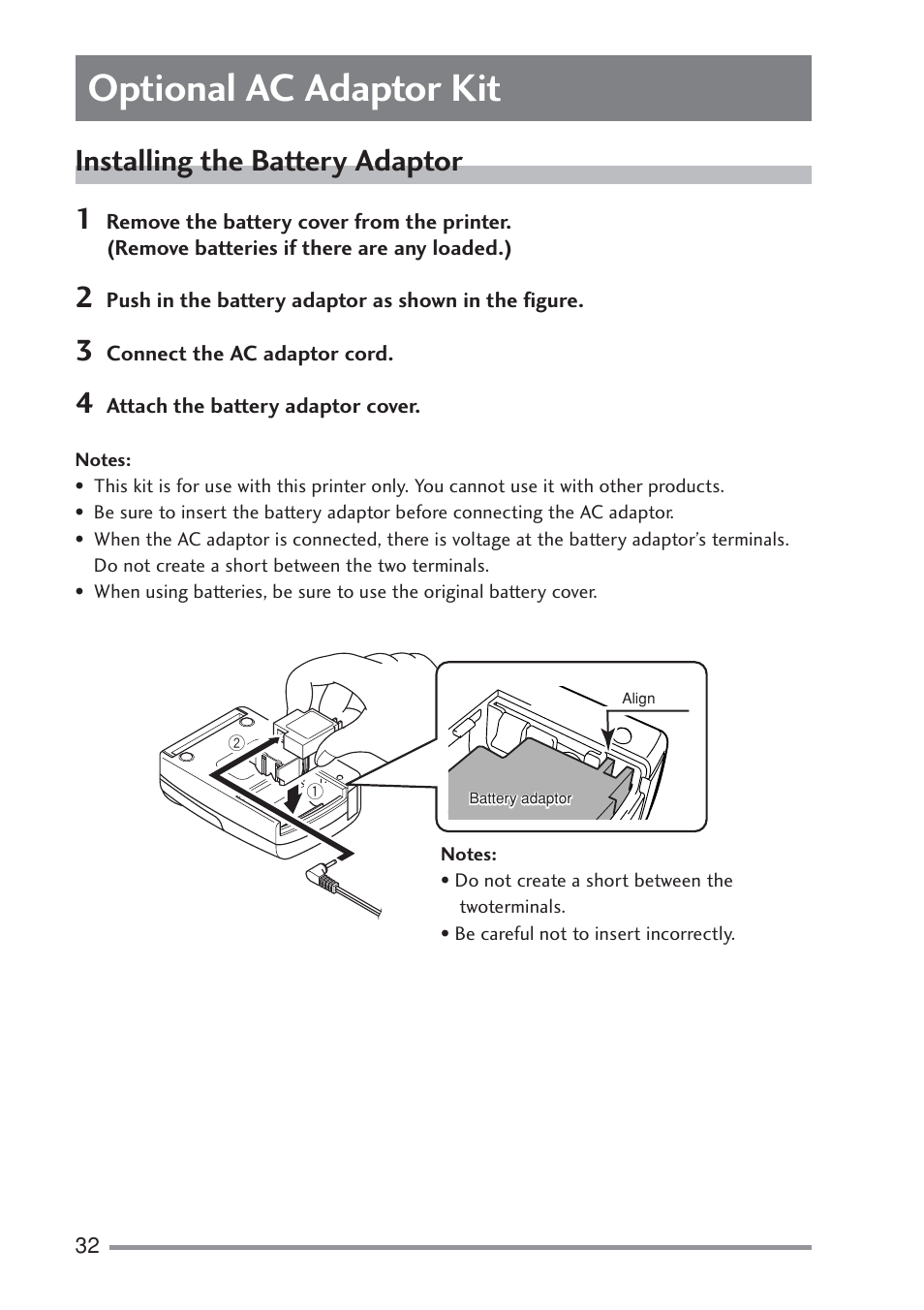 Optional ac adaptor kit, Installing the battery adaptor, When printing is finished | Eeding single sheets (cut sheets) | Citizen Systems PD-22 User Manual | Page 32 / 40