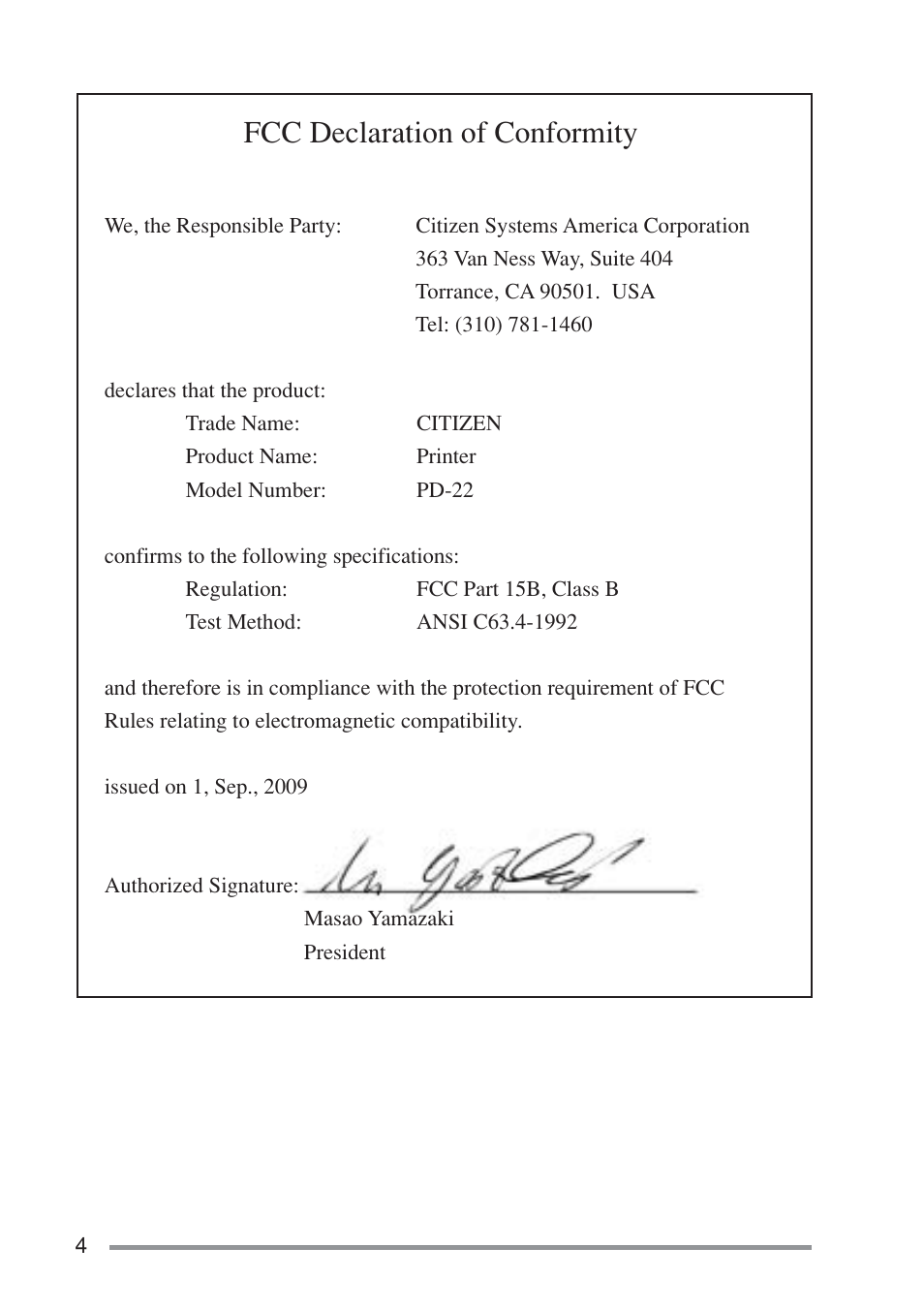 Fcc declaration of conformity | Citizen Systems PD-22 User Manual | Page 4 / 40