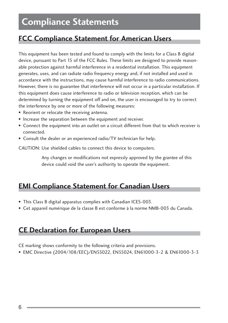 Compliance statements, Fcc compliance statement for american users, Emi compliance statement for canadian users | Ce declaration for european users | Citizen Systems PD-22 User Manual | Page 6 / 40