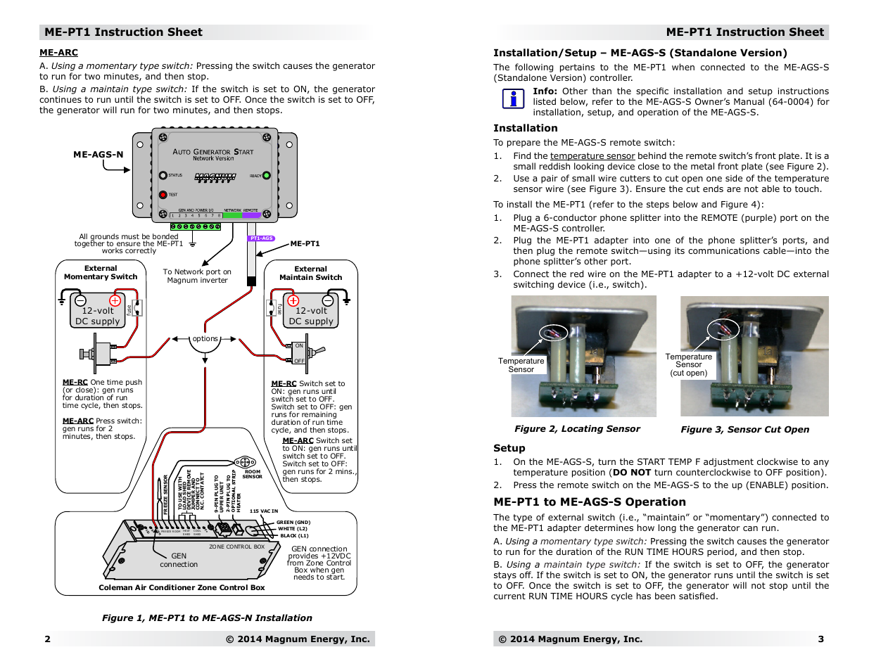 Me-pt1 instruction sheet, Me-pt1 to me-ags-s operation, Installation/setup – me-ags-s (standalone version) | Installation, Setup | Magnum Energy Pigtail Adapters ME-PT1 User Manual | Page 2 / 2