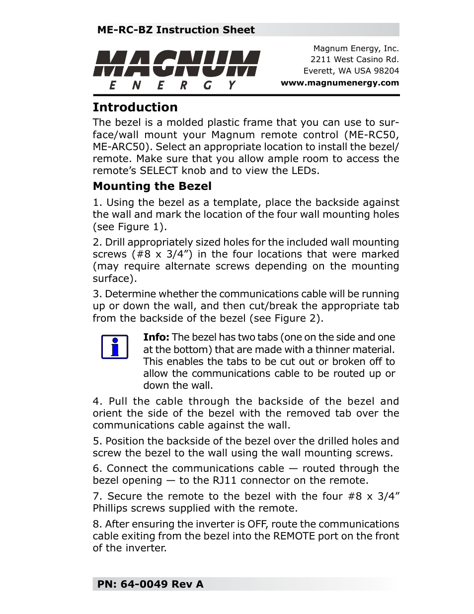 Magnum Energy Remote Bezel (ME-RC-BZ) User Manual | 2 pages