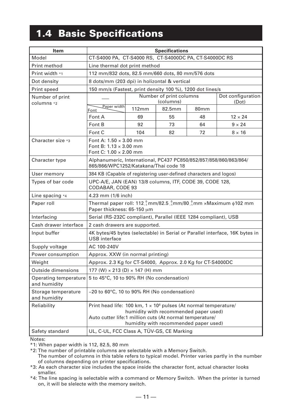 4 basic specifications | Citizen Systems Citizen CT-S4000 User Manual | Page 14 / 32