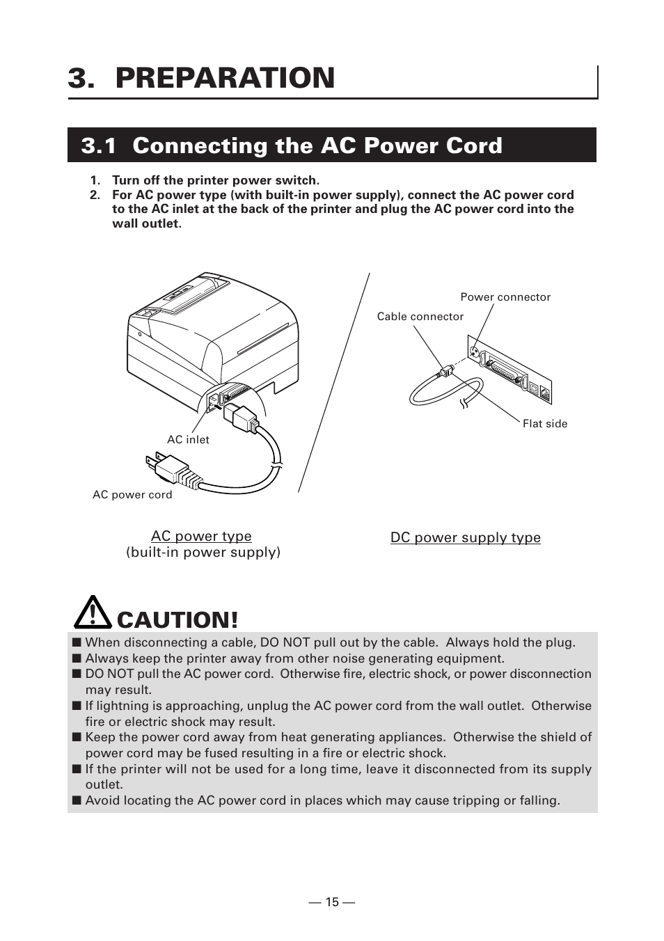 Preparation, 1 connecting the ac power cord, Caution | Citizen Systems Citizen CT-S4000 User Manual | Page 18 / 32