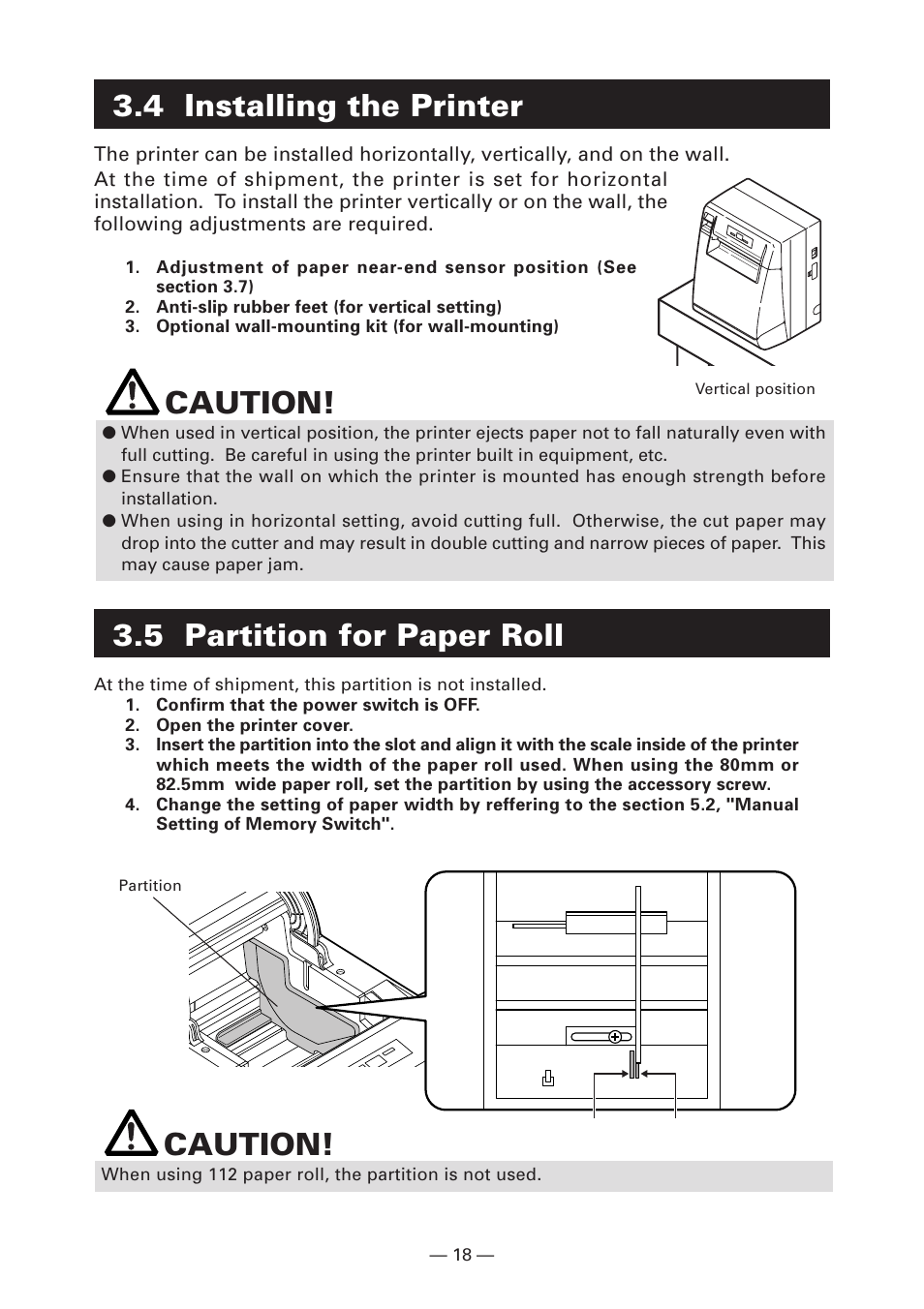 4 installing the printer, Caution, 5 partition for paper roll | Citizen Systems Citizen CT-S4000 User Manual | Page 21 / 32