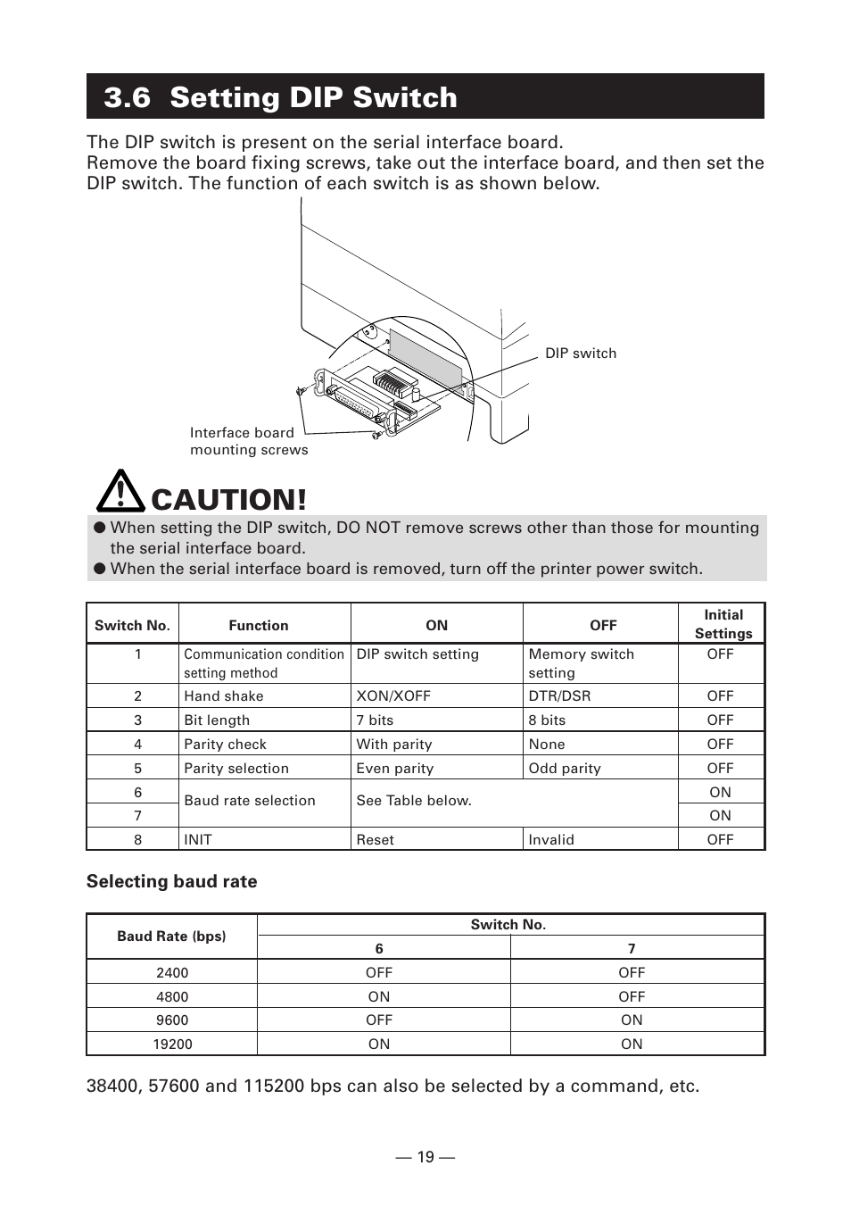 6 setting dip switch, Caution, Selecting baud rate | Citizen Systems Citizen CT-S4000 User Manual | Page 22 / 32