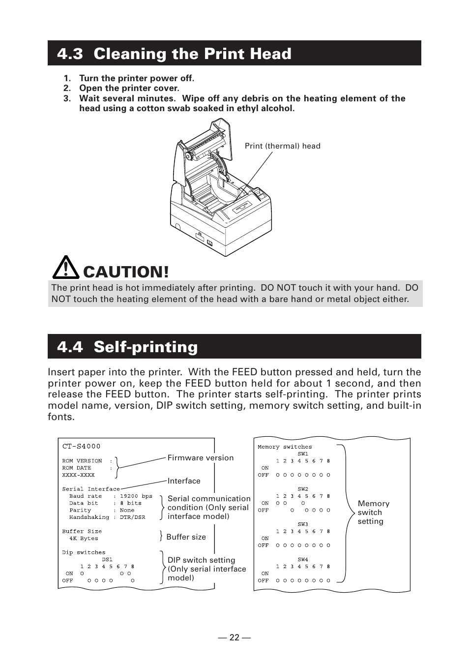 3 cleaning the print head, Caution, 4 self-printing | Citizen Systems Citizen CT-S4000 User Manual | Page 25 / 32