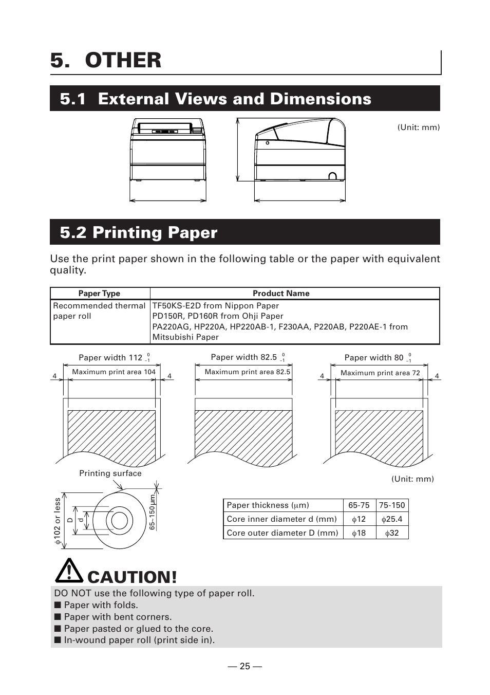 Other, 2 printing paper, Caution | 1 external views and dimensions | Citizen Systems Citizen CT-S4000 User Manual | Page 28 / 32