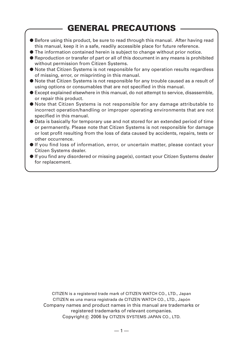 General precautions | Citizen Systems Citizen CT-S4000 User Manual | Page 4 / 32