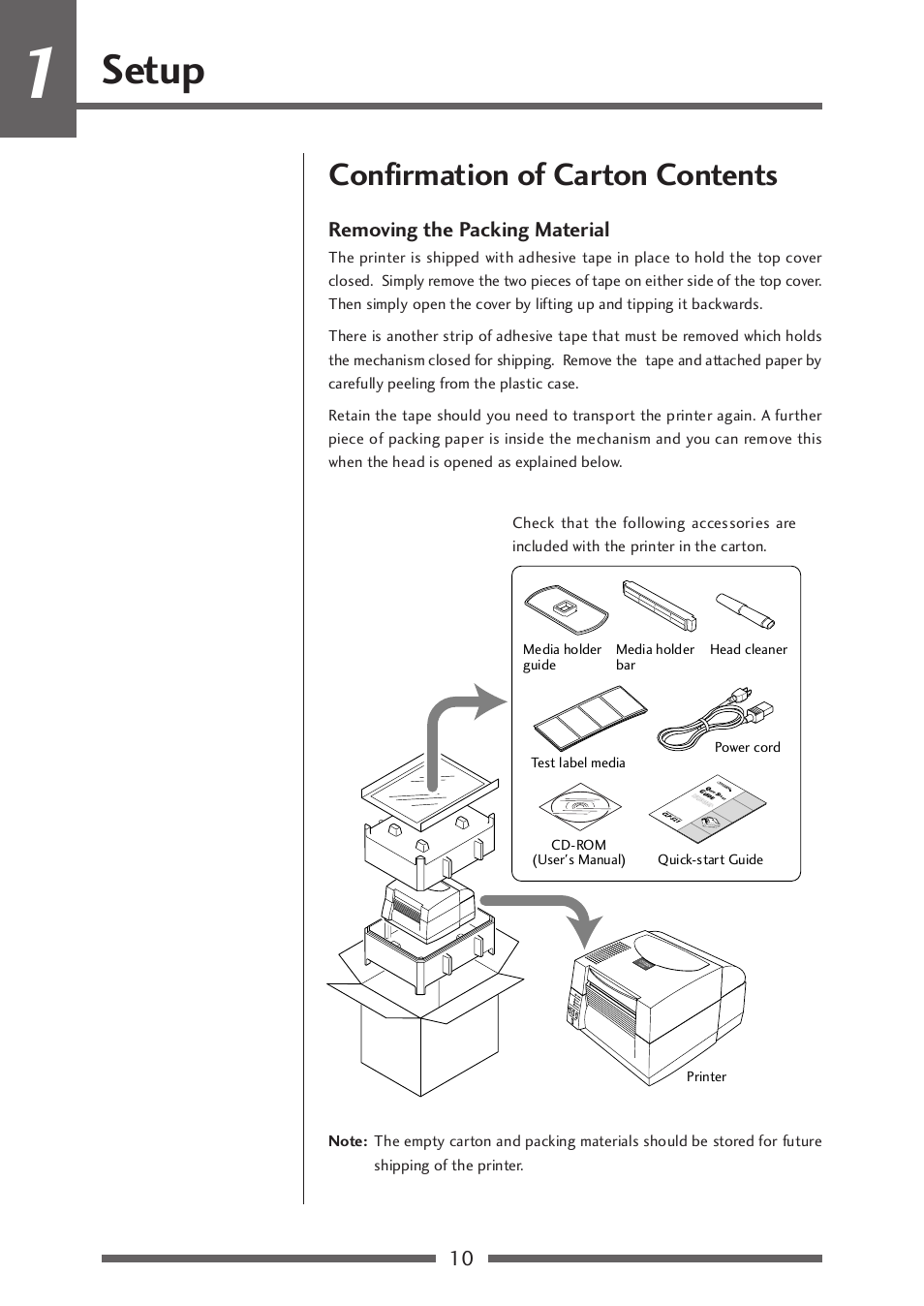 Setup, Confirmation of carton contents, Removing the packing material | Citizen Systems CLP-521 User Manual | Page 10 / 54