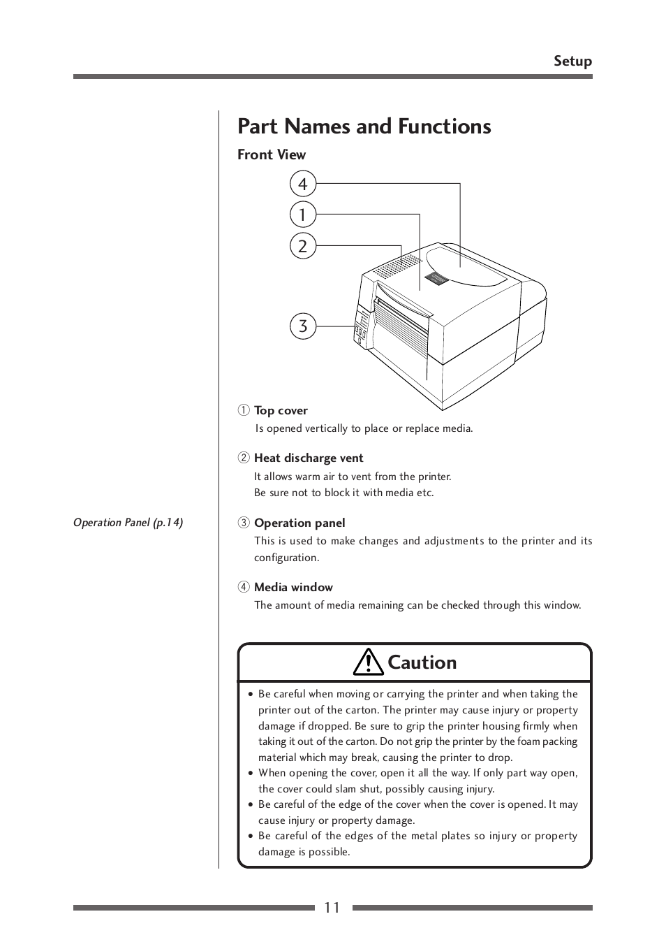 Part names and functions, Front view1, Caution | Citizen Systems CLP-521 User Manual | Page 11 / 54