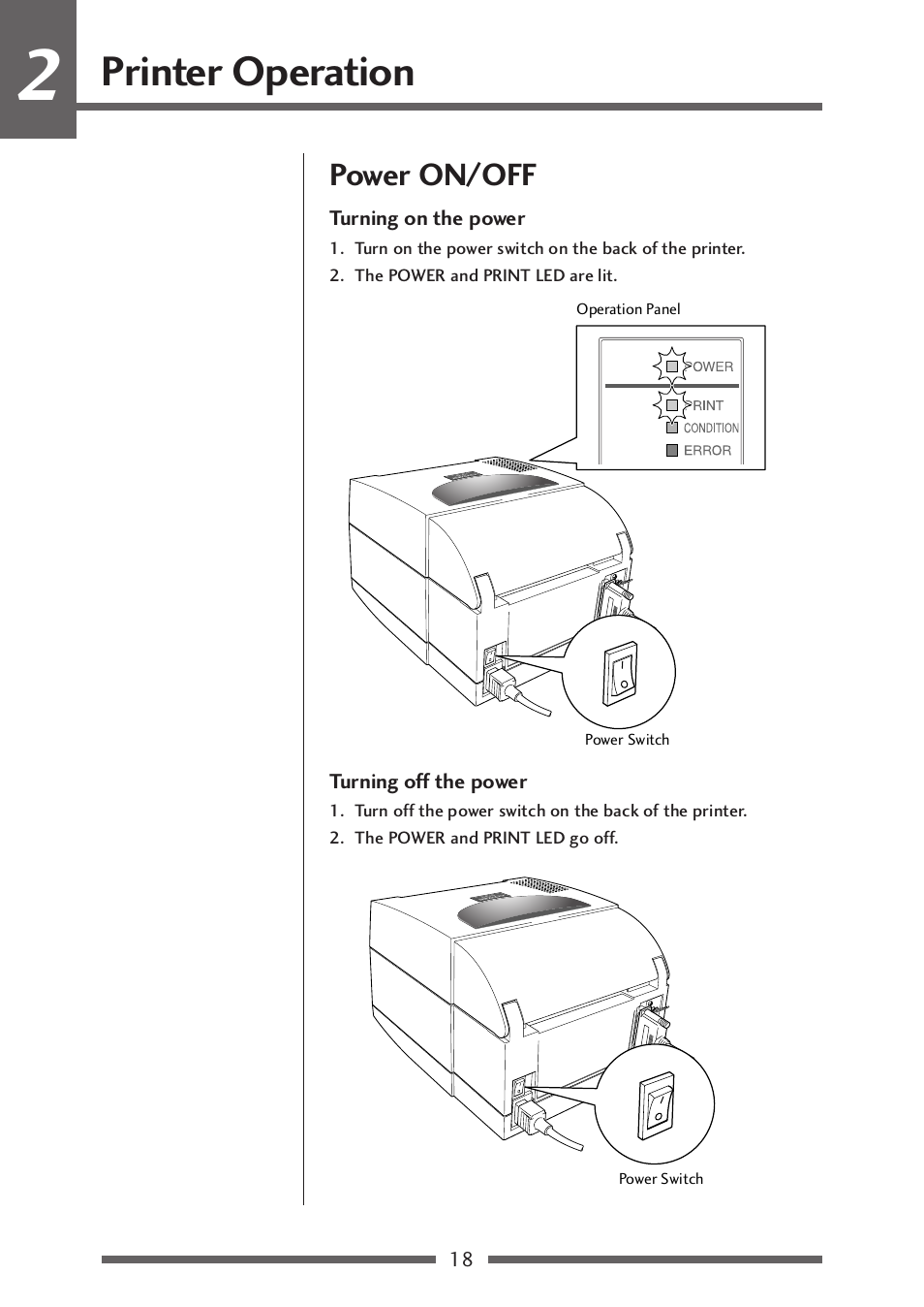Printer operation, Power on/off, Turning on the power | Turning off the power, Power on/off (p.18) | Citizen Systems CLP-521 User Manual | Page 18 / 54