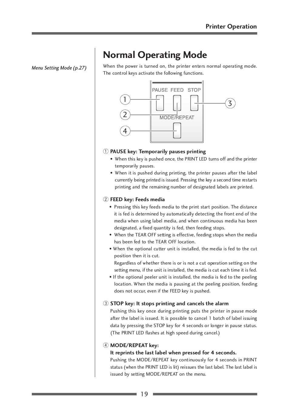 Normal operating mode, 19 printer operation | Citizen Systems CLP-521 User Manual | Page 19 / 54