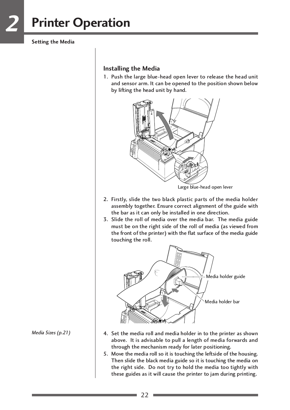 Installing the media, Printer operation | Citizen Systems CLP-521 User Manual | Page 22 / 54