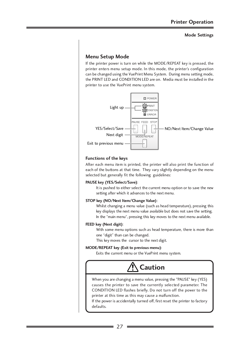 Menu setting mode, Caution, 27 printer operation menu setup mode | Citizen Systems CLP-521 User Manual | Page 27 / 54