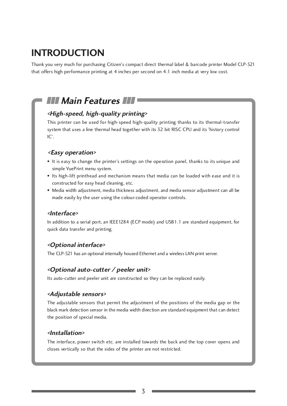 Before operation, Introduction, Main features | Citizen Systems CLP-521 User Manual | Page 3 / 54