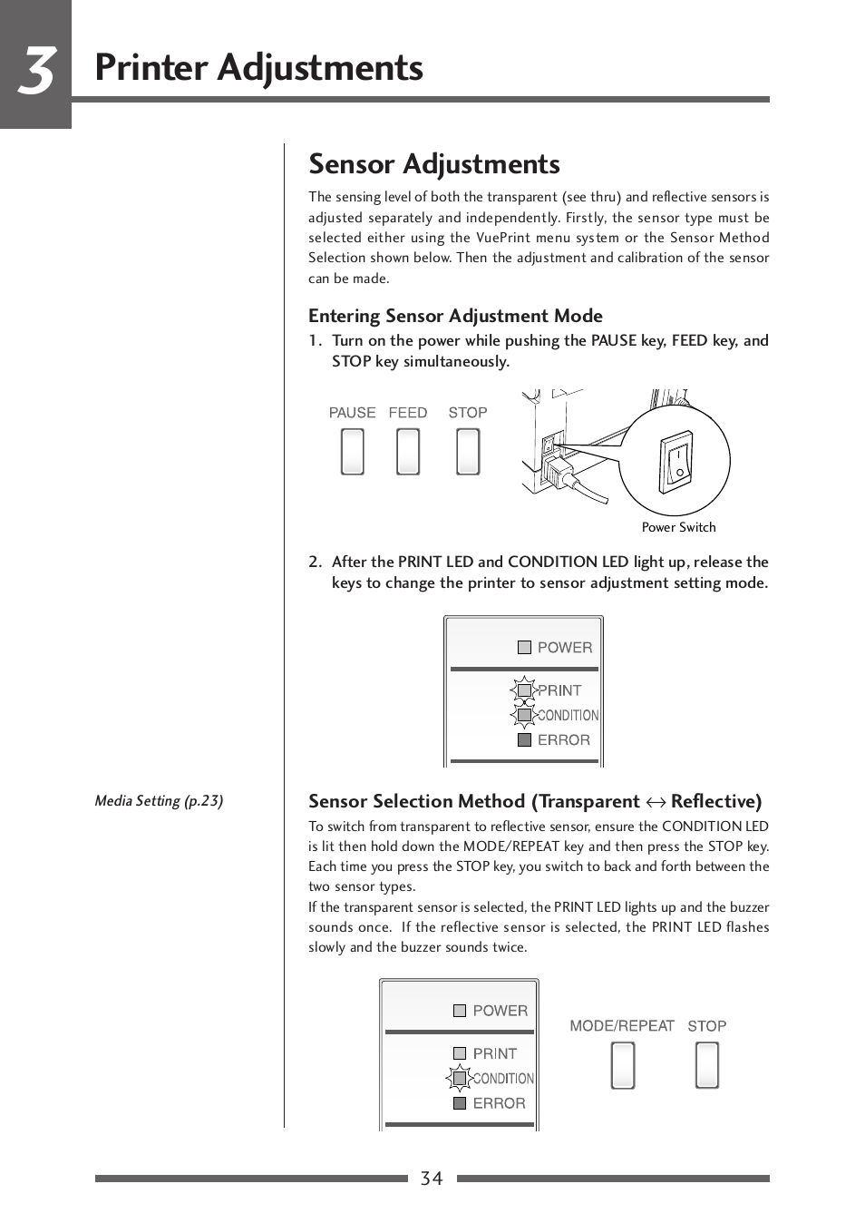 Printer adjustments, Sensor adjustments, Entering sensor adjustment mode | Sensor selection method, Sensor selection method (transparent, Reflective), P.34) | Citizen Systems CLP-521 User Manual | Page 34 / 54