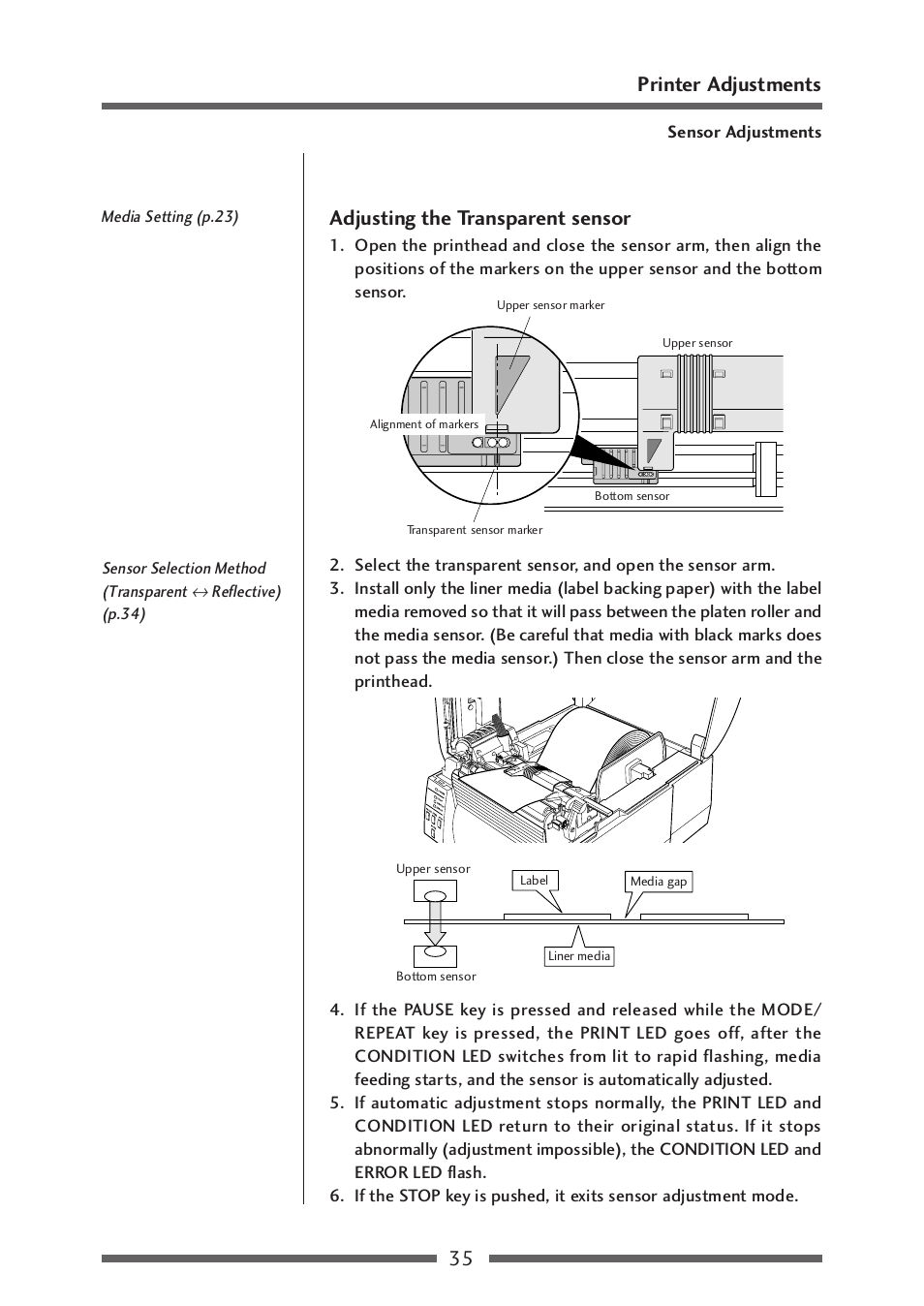 Adjusting the transparent type sensor, Adjusting the transparent sensor (p.35) | Citizen Systems CLP-521 User Manual | Page 35 / 54