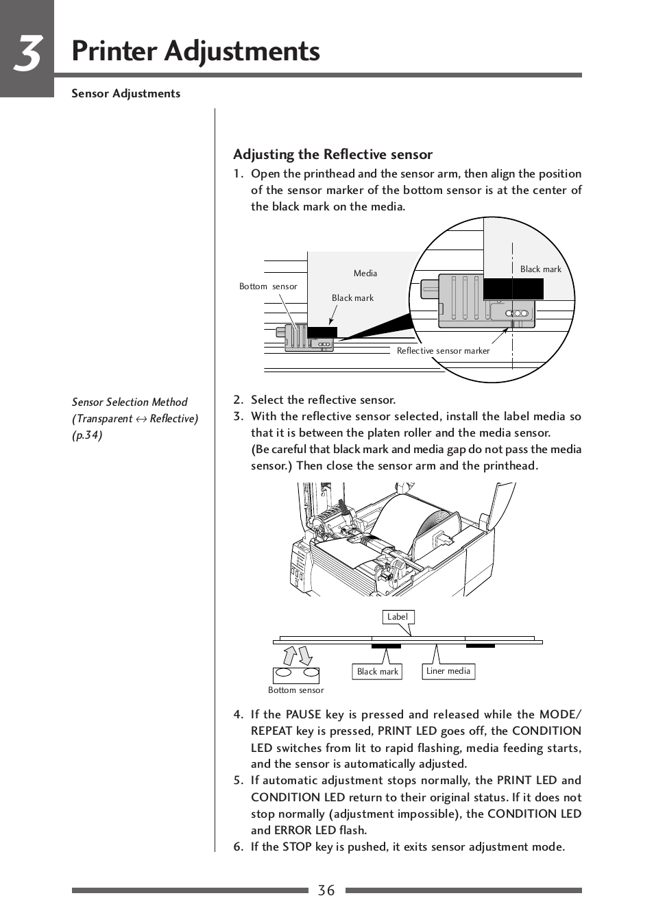 Adjusting the reflective type sensor, Adjusting the reflective sensor (p.36), Printer adjustments | Citizen Systems CLP-521 User Manual | Page 36 / 54