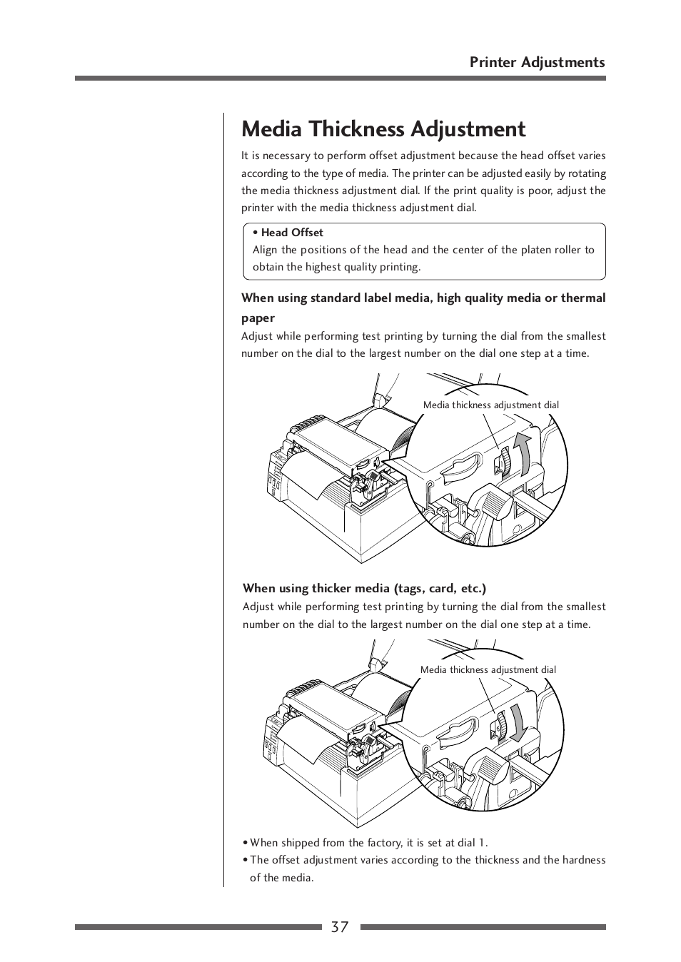 Media thickness adjustment, 37 printer adjustments | Citizen Systems CLP-521 User Manual | Page 37 / 54