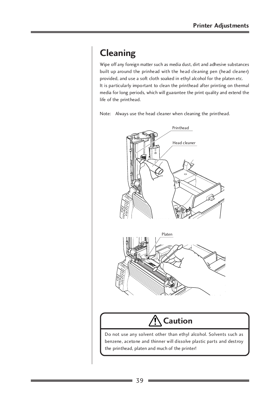 Cleaning, Caution, 39 printer adjustments | Citizen Systems CLP-521 User Manual | Page 39 / 54