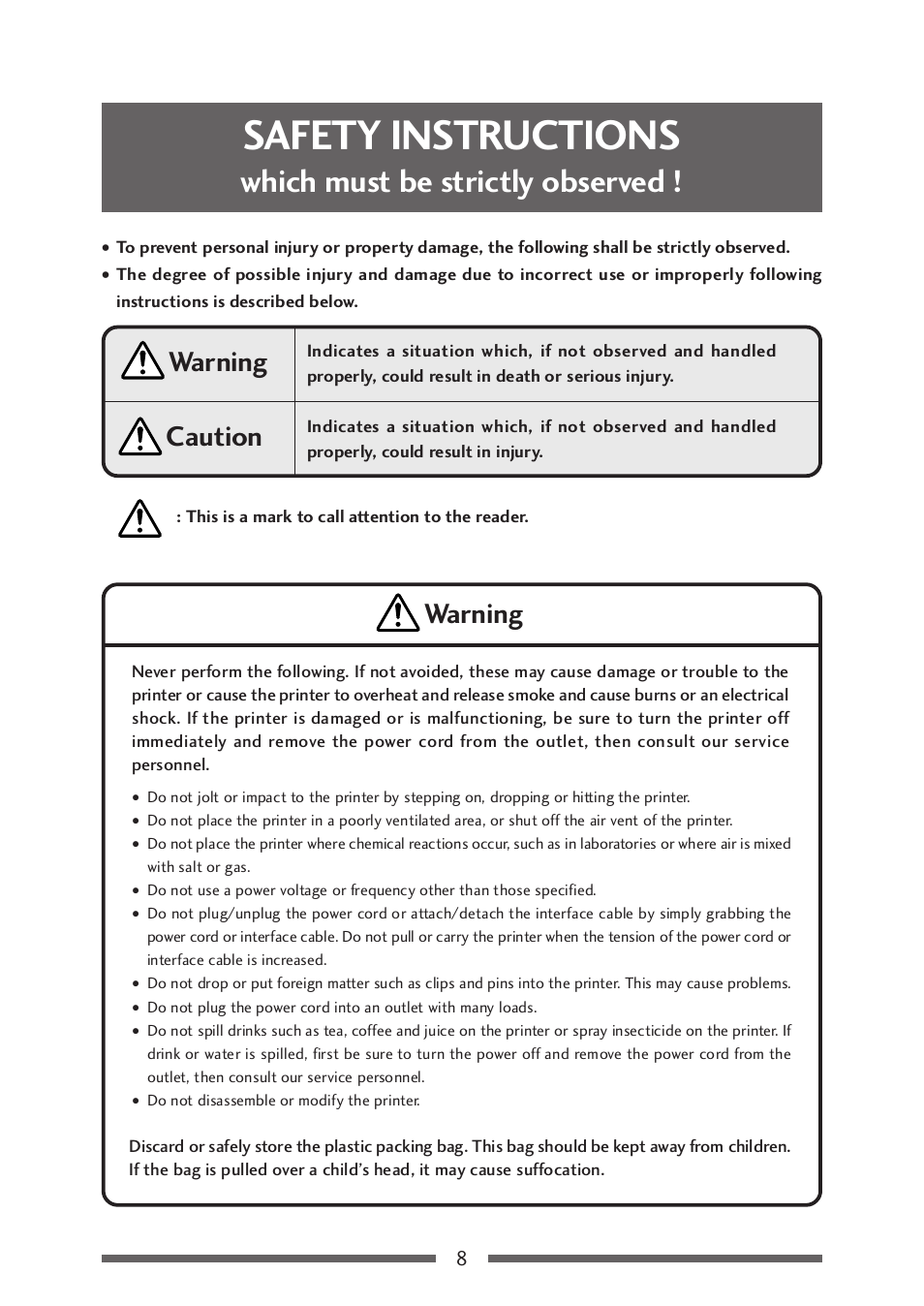 Safety instructions, Which must be strictly observed, Caution | Warning | Citizen Systems CLP-521 User Manual | Page 8 / 54