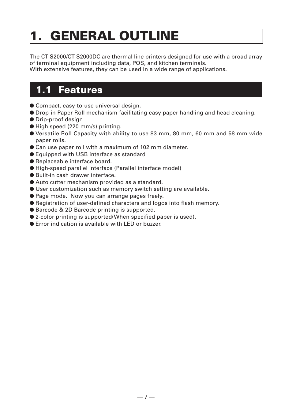 General outline, 1 features | Citizen Systems CT-S2000DC User Manual | Page 10 / 136