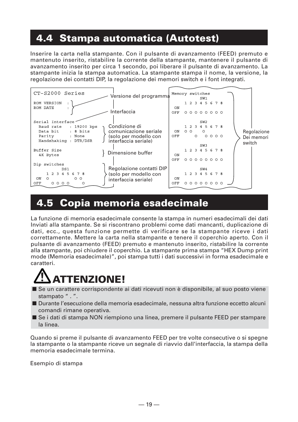 4 stampa automatica (autotest), 5 copia memoria esadecimale, Attenzione | Citizen Systems CT-S2000DC User Manual | Page 100 / 136