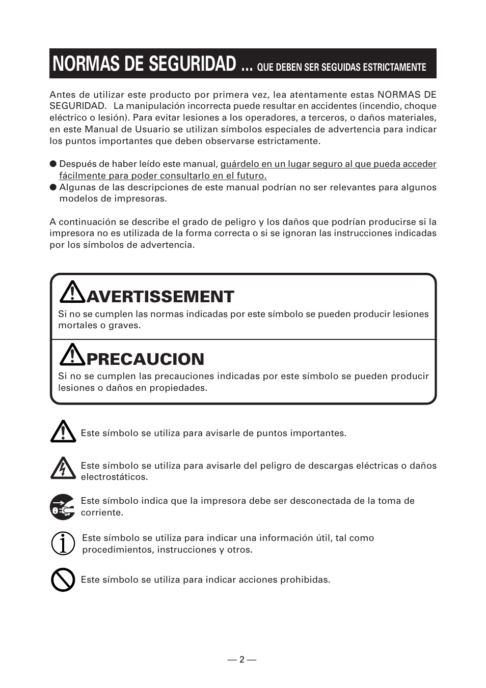 Normas de seguridad, Avertissement, Precaucion | Citizen Systems CT-S2000DC User Manual | Page 109 / 136