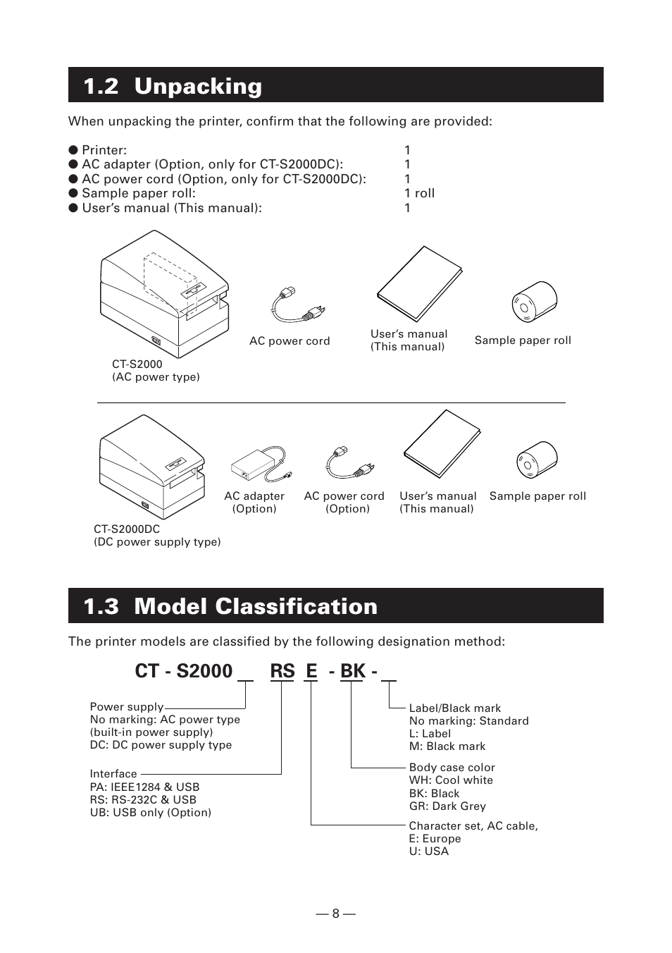 2 unpacking, 3 model classification, Ct - s2000 rs e - bk | Citizen Systems CT-S2000DC User Manual | Page 11 / 136