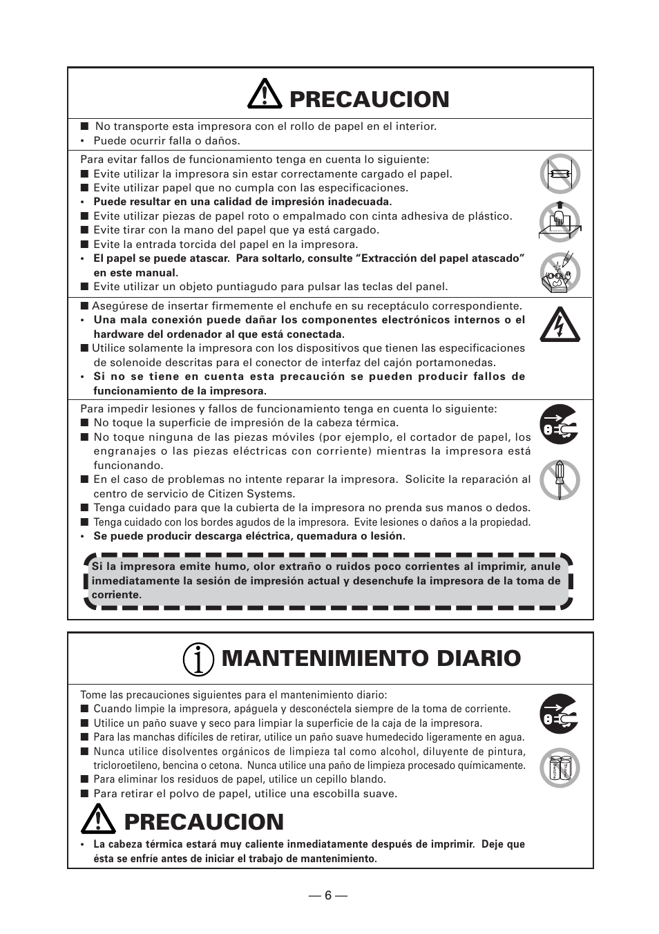 Precaucion, Mantenimiento diario precaucion | Citizen Systems CT-S2000DC User Manual | Page 113 / 136