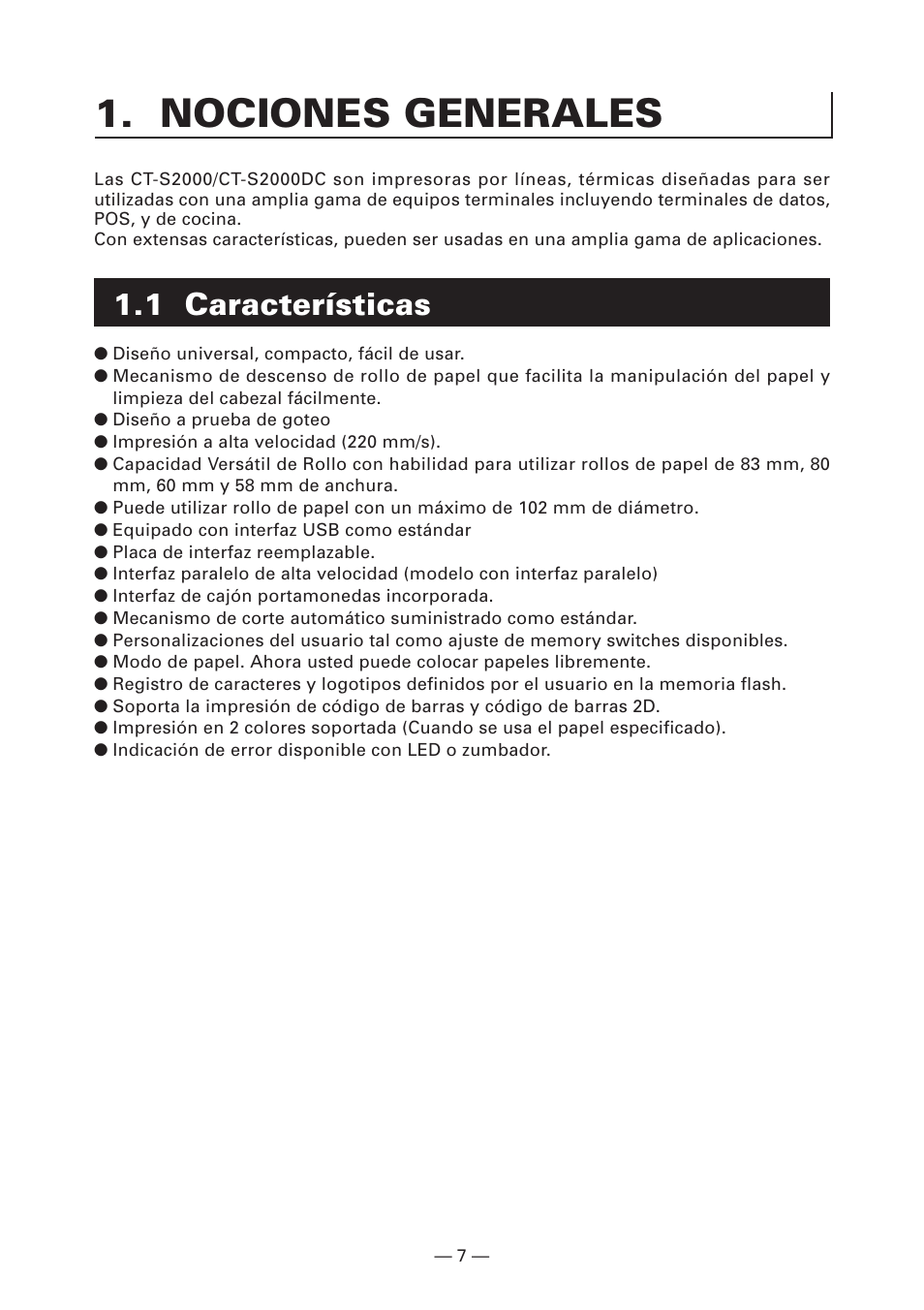 Nociones generales, 1 características | Citizen Systems CT-S2000DC User Manual | Page 114 / 136