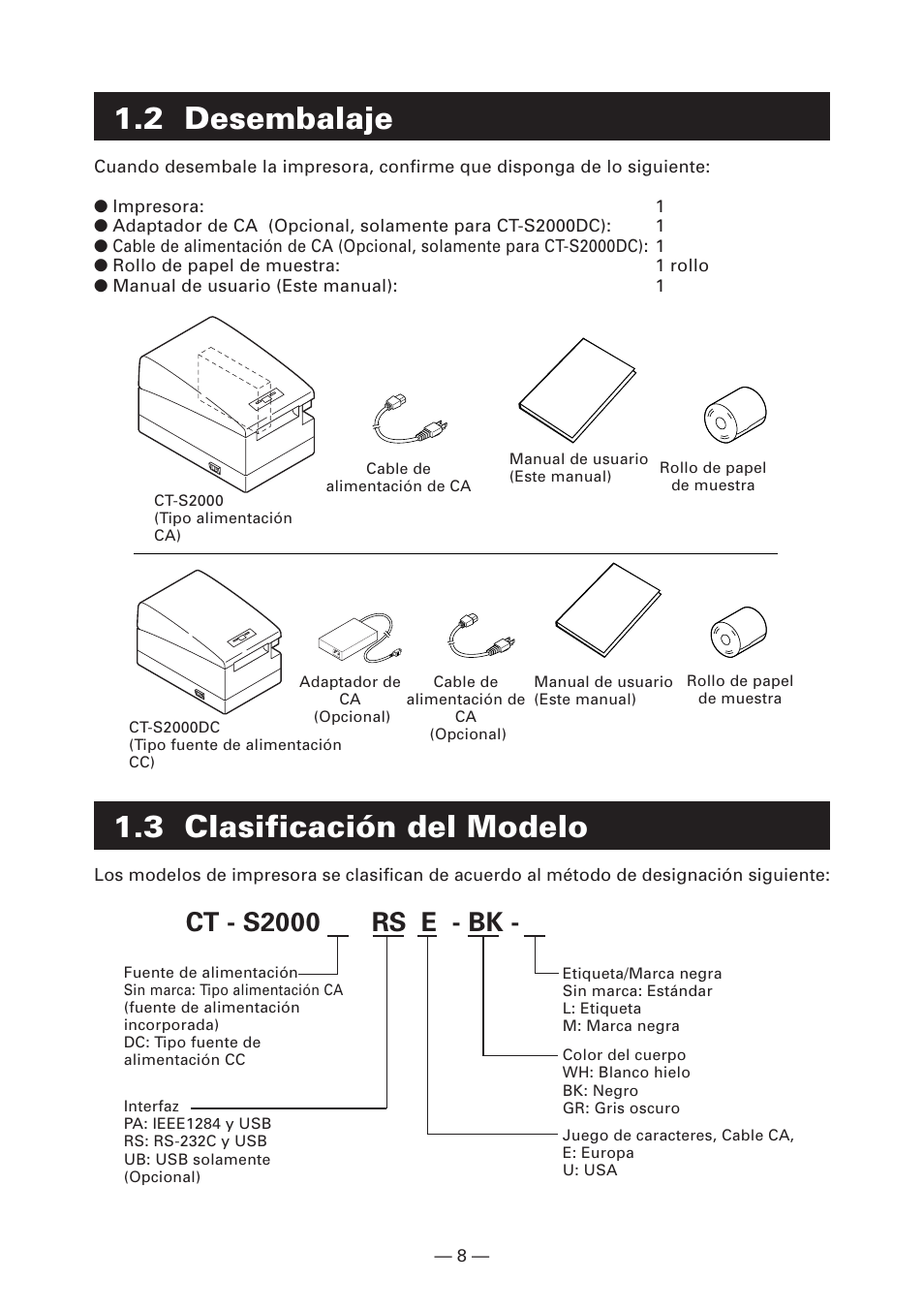2 desembalaje, 3 clasificación del modelo, Ct - s2000 rs e - bk | Citizen Systems CT-S2000DC User Manual | Page 115 / 136
