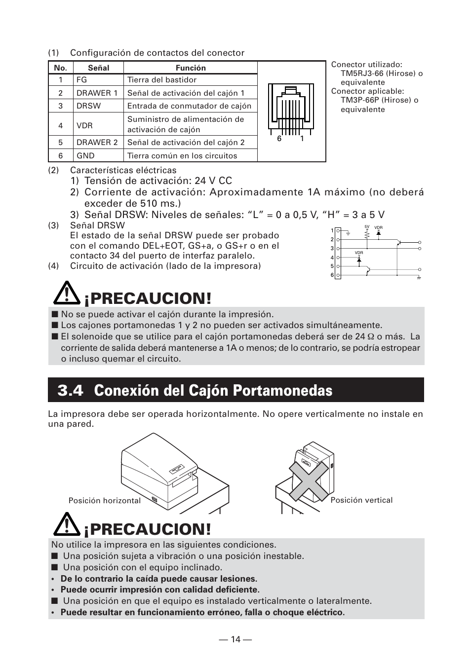 4 conexión del cajón portamonedas, Precaucion | Citizen Systems CT-S2000DC User Manual | Page 121 / 136