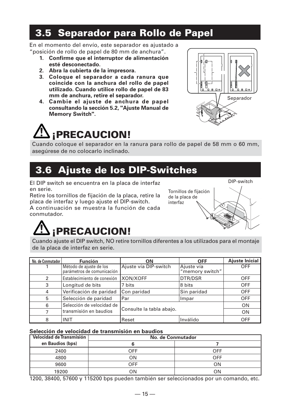 5 separador para rollo de papel, 6 ajuste de los dip-switches, 6 ajuste de los dip-switches ¡precaucion | Precaucion | Citizen Systems CT-S2000DC User Manual | Page 122 / 136