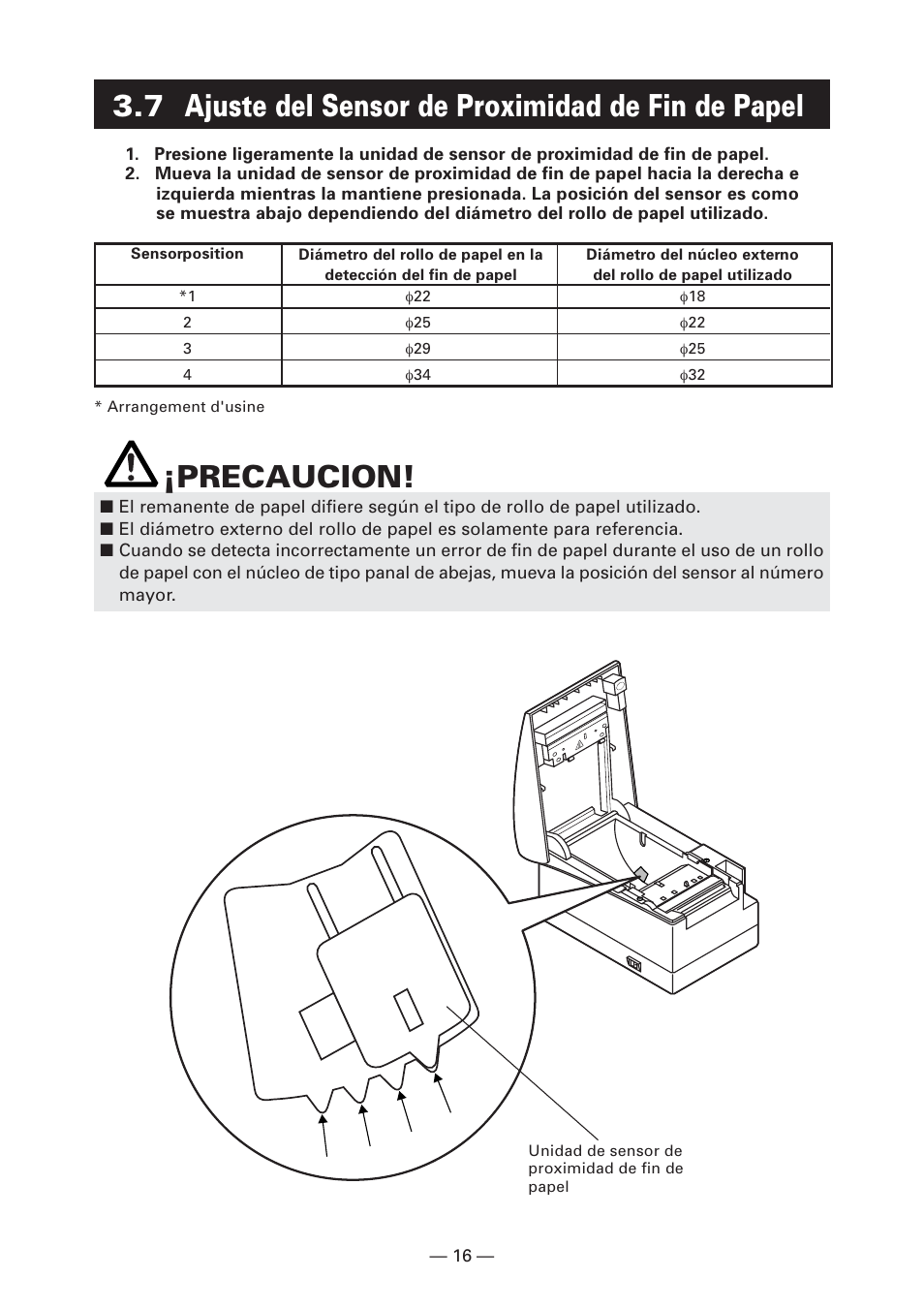 7 ajuste del sensor de proximidad de fin de papel, Precaucion | Citizen Systems CT-S2000DC User Manual | Page 123 / 136
