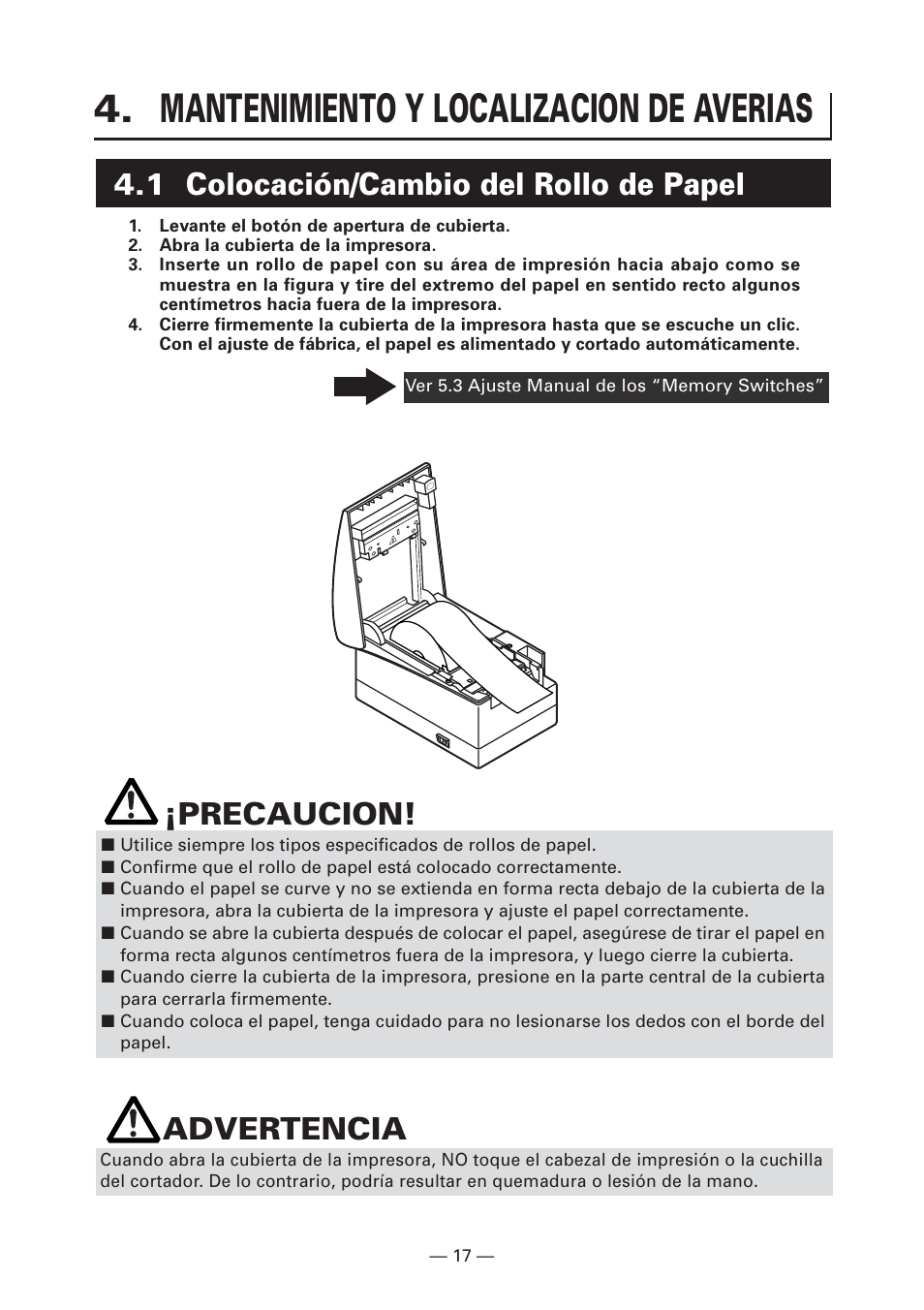 Mantenimiento y localizacion de averias, 1 colocación/cambio del rollo de papel, Precaucion | Advertencia | Citizen Systems CT-S2000DC User Manual | Page 124 / 136