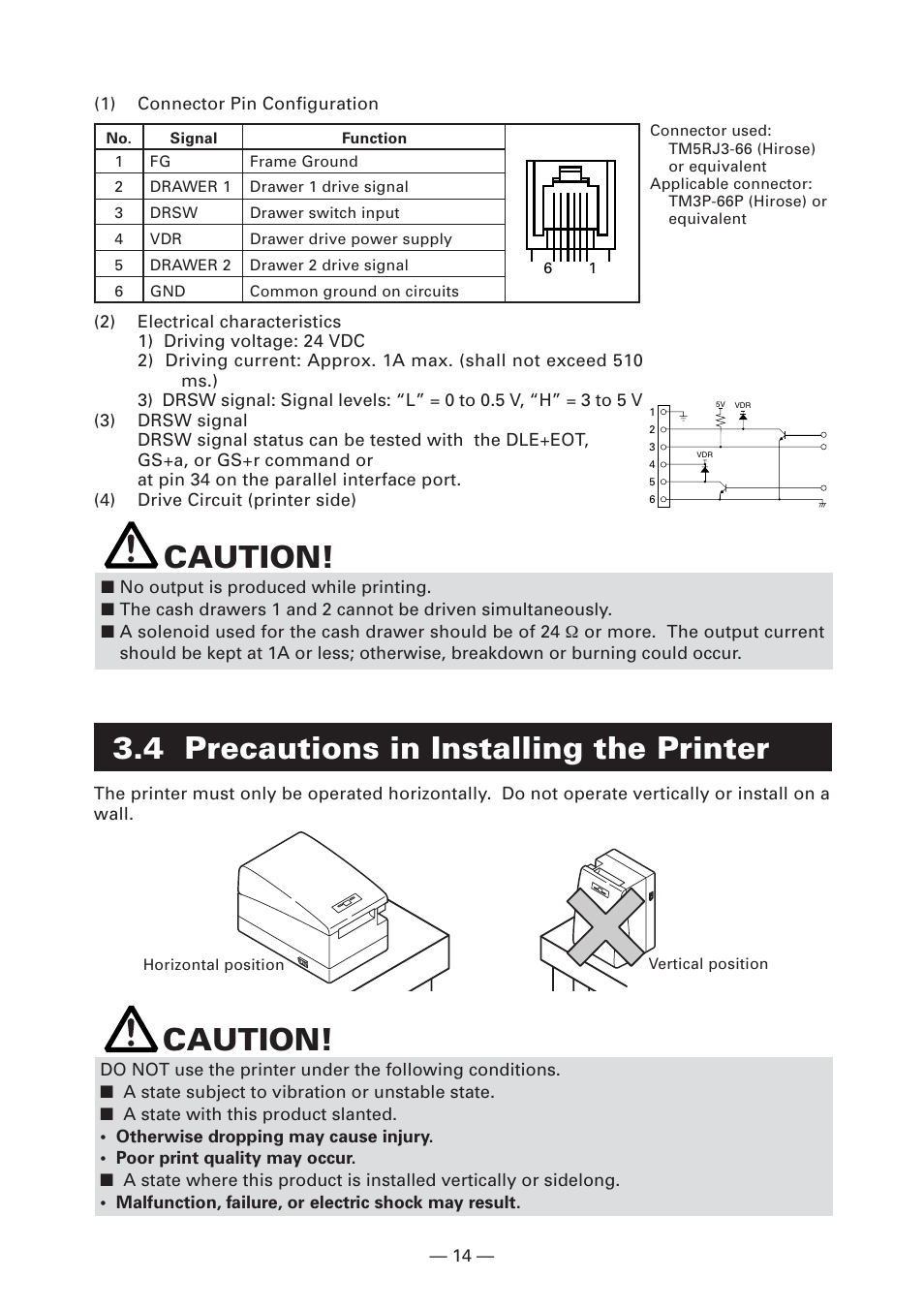 4 precautions in installing the printer, Caution | Citizen Systems CT-S2000DC User Manual | Page 17 / 136