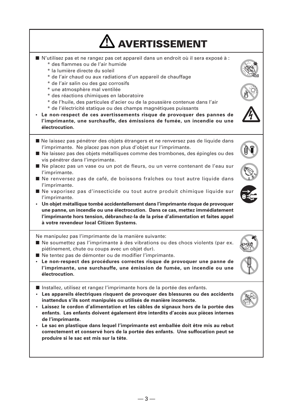 Avertissement | Citizen Systems CT-S2000DC User Manual | Page 32 / 136