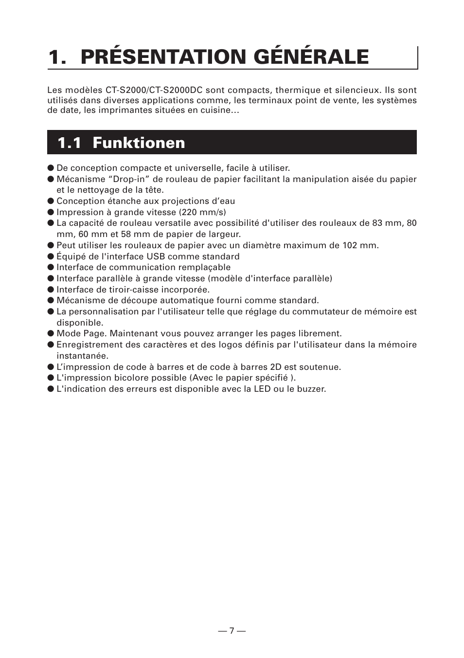 Présentation générale, 1 funktionen | Citizen Systems CT-S2000DC User Manual | Page 36 / 136