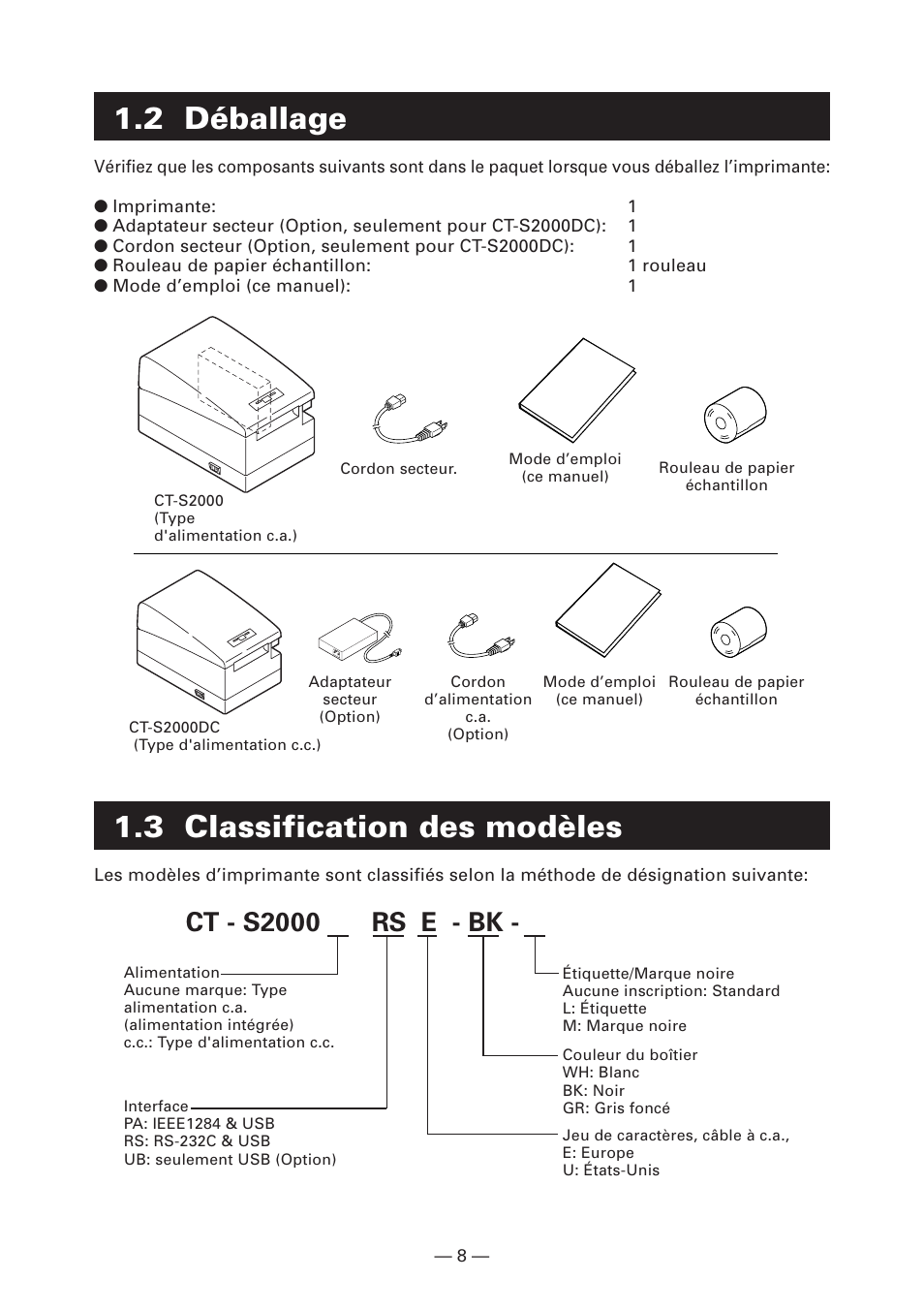 2 déballage, 3 classification des modèles, Ct - s2000 rs e - bk | Citizen Systems CT-S2000DC User Manual | Page 37 / 136