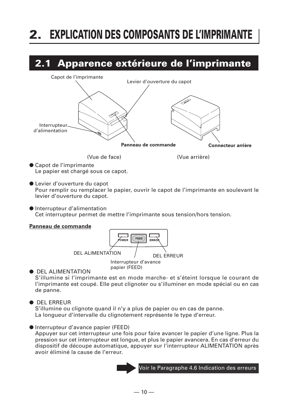 Explication des composants de l’imprimante, 1 apparence extérieure de l’imprimante | Citizen Systems CT-S2000DC User Manual | Page 39 / 136