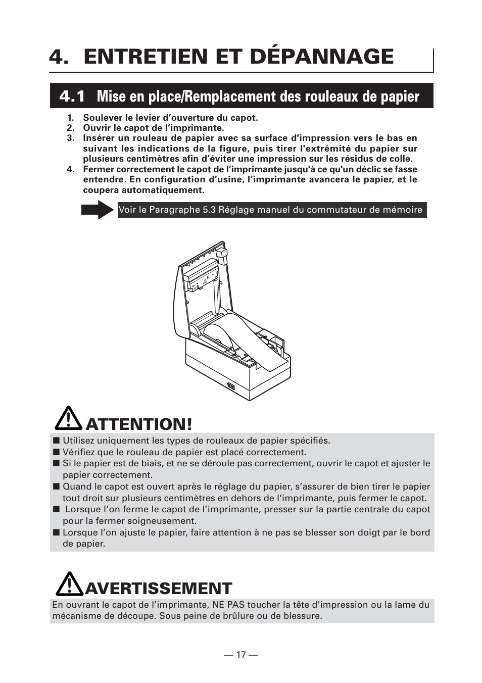 Entretien et dépannage, Attention, Avertissement | Citizen Systems CT-S2000DC User Manual | Page 46 / 136