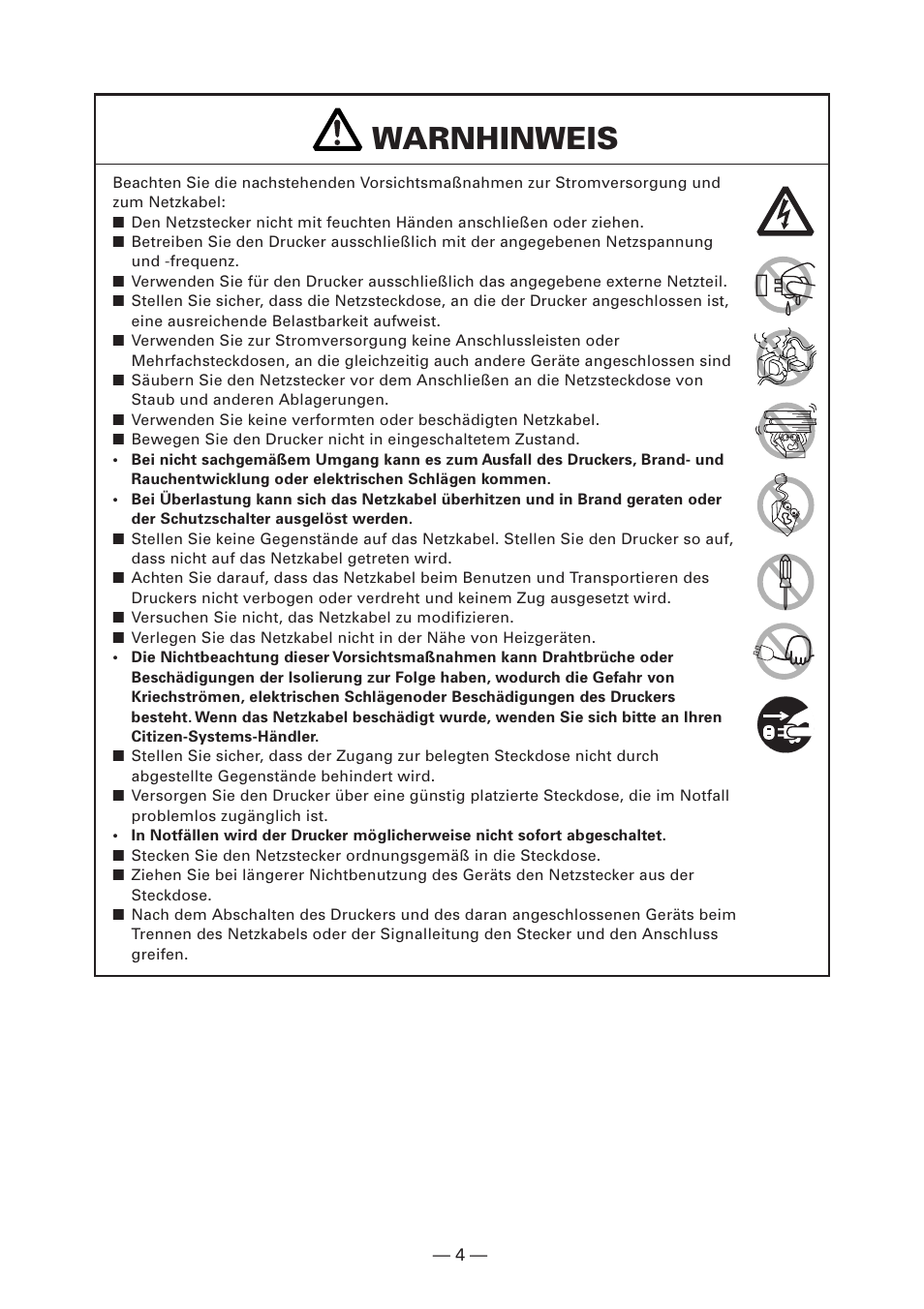 Warnhinweis | Citizen Systems CT-S2000DC User Manual | Page 59 / 136