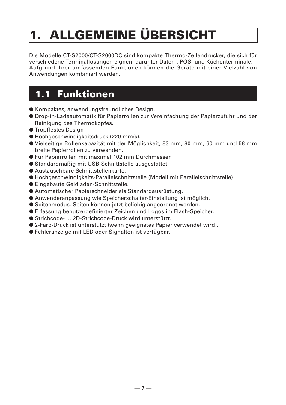 Allgemeine übersicht, 1 funktionen | Citizen Systems CT-S2000DC User Manual | Page 62 / 136