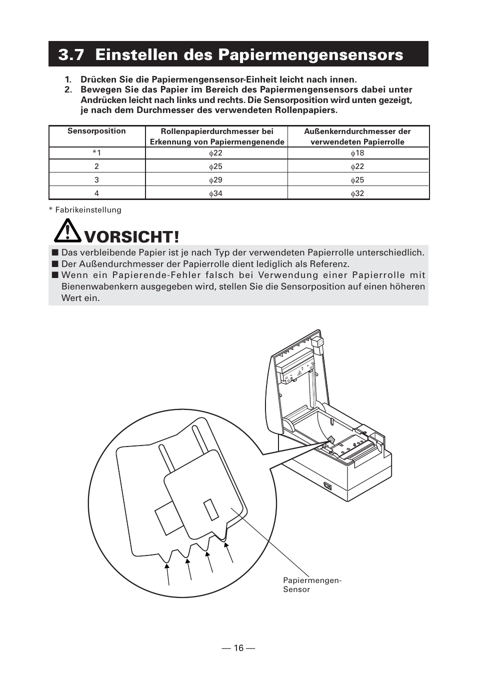 7 einstellen des papiermengensensors, Vorsicht | Citizen Systems CT-S2000DC User Manual | Page 71 / 136