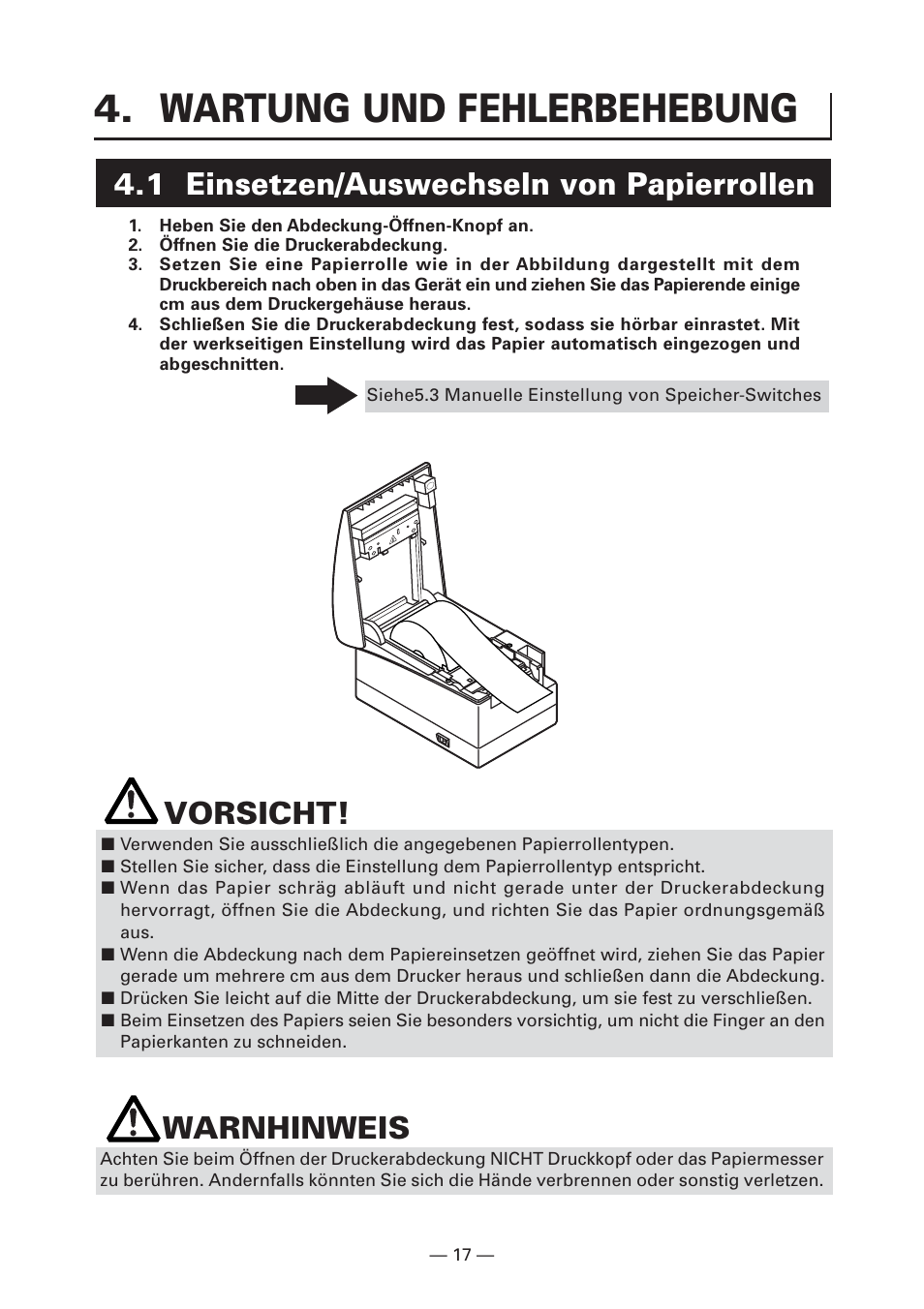 Wartung und fehlerbehebung, 1 einsetzen/auswechseln von papierrollen, Vorsicht | Warnhinweis | Citizen Systems CT-S2000DC User Manual | Page 72 / 136